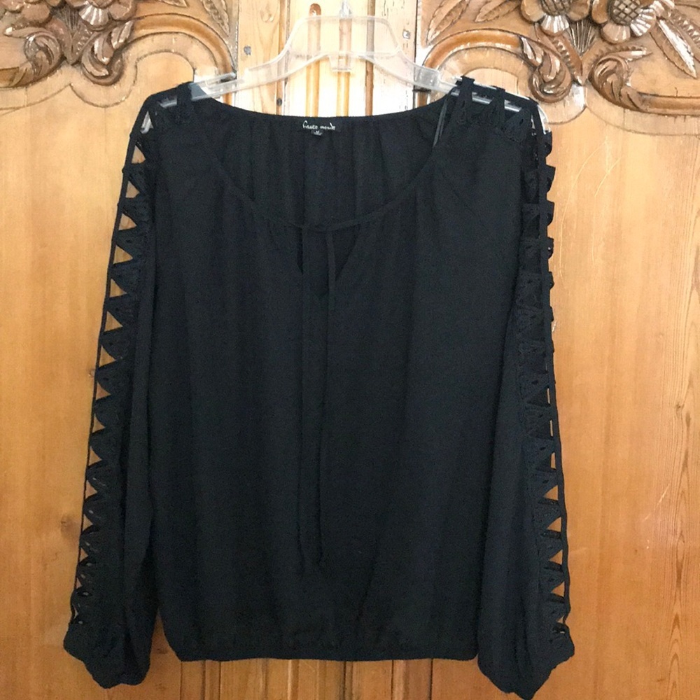 Haute Monde Black Open Lattice Sleeve Top